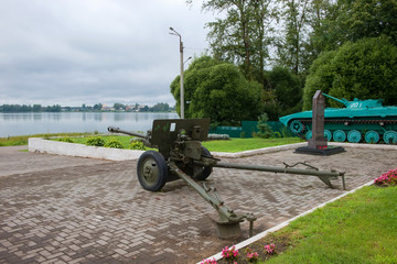 BOLOGOYE, RUSSIA - AUGUST 8, 2019: Military equipment in the park near the monument to those who fought and died in World War II. Tver region, Russia