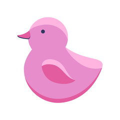 Rubber pink duck bath toy in flat style isolated on white background. Vector illustration. Cute baby bathing toy. Icon of toys.