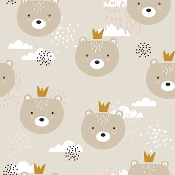 Bears with crowns, hand drawn backdrop. Colorful seamless pattern with muzzles of animals. Decorative cute wallpaper, good for printing. Overlapping colored background vector