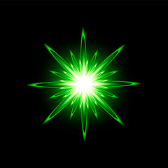 Green shining star with rays concept. Glowing vector light effect.