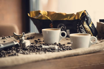 coffee with a background of coffee beans