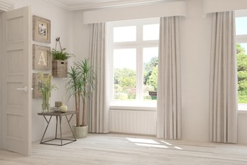 Stylish empty room in white color with summer landscape in window. Scandinavian interior design. 3D illustration
