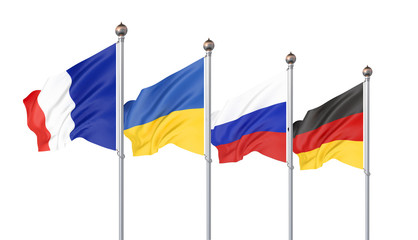 Flags of France, Germany, Russia, and Ukraine. Normandy Format meeting on eastern Ukraine. Paris, France — 9 December 2019. 3D illustration. Isolated on white.