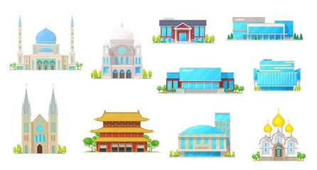 Church and library buildings, vector icons of religion and education architecture. Cathedral, temple and mosque, synagogue and public library construction exteriors with windows, doors and roofs