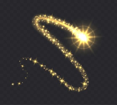 Glowing magic swirl, golden light trail effect with sparkles, waves with flashlights isolated on dark transparent background.