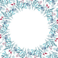Fototapeta na wymiar Christmas background with xmas branches, leaves and other elements. Vector template for greeting card with place for text. Winter isolated frame