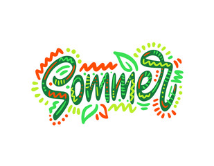 Sommer - Summer in German. Hand Lettering word. Handwritten modern brush typography sign. Greetings for icon, logo, badge, cards, poster, banner, tag. Colorful Vector illustration