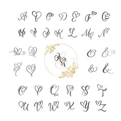 Handwritten heart calligraphy monogram alphabet. Valentine Cursive font with flourishes heart font. Cute Isolated letters. For postcard or poster decorative graphic design - obrazy, fototapety, plakaty