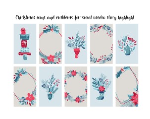 Obraz premium Set of Christmas and New Year social network stories editable vector with place for text. Holiday background with branches, gifts, flowers elements for social media