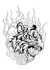 Tiger head in roar with lotus flower decorate with cloud or smoke design with oriental  Japanese tattoo style vector 
