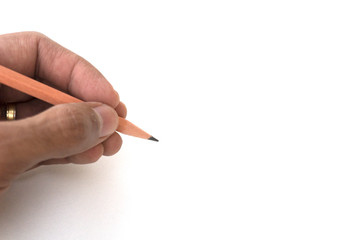 Male hand holding a brown pencil on white background