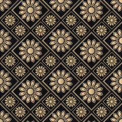 Seamless pattern oriental ornament. Black and golden textile print. Islamic vector design. Floral tiles.