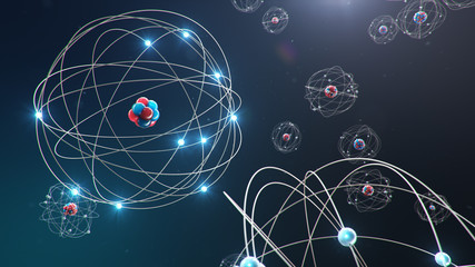 Abstract atom model. Atom is the smallest level of matter that forms chemical elements. Glowing energy balls. Nuclear reaction. Concept nanotechnology. Neutrons and protons - nucleus. 3D Illustration
