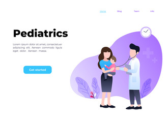 Pediatric clinic. Clinical pediatric checkup, mother holding sick toddler and doctor with stethoscope listening his lungs. healthcare vector landing page