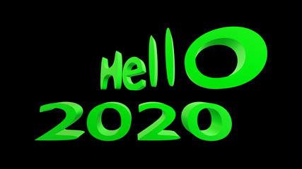 happy new year 2020, 3D ILLUSTRATION of 2020 hello green color in isolated black background. 4k resolution