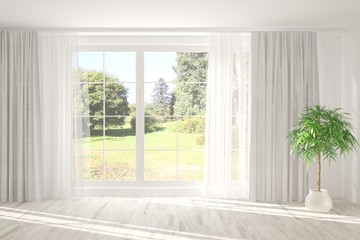 Fototapeta na wymiar Stylish empty room in white color with summer background in window. Scandinavian interior design. 3D illustration