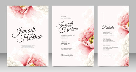 Minimalist wedding card template with realistic peonies