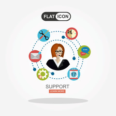 Business customer care service concept flat icons set of contact us support help desk phone call and website click for infographics design web elements vector illustration.