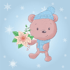 Cute cartoon christmas bear with poinsettia. Vector illustration