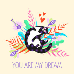 Greeting card for Valentine's Day with a cute cartoon cat on a background of flowers