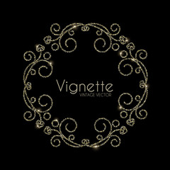 Vintage swirl ornament vignette. Elegnat gold glittering design template.