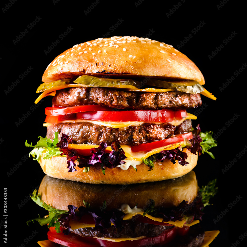 Poster homemade double cheese burger black background