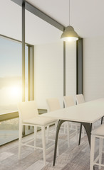 office with open space on the background of the evening city. meeting room in a modern style. Brick walls. large panoramic windows.. 3D rendering.