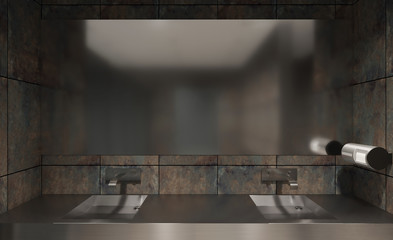 Fototapeta na wymiar Stainless steel washbasin in a public toilet. 3D rendering