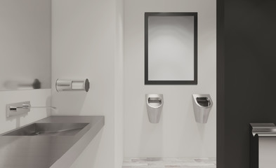 Large washbasin in a public toilet. Walls in black. Light background. 3D rendering. Mockup.   Empty paintings