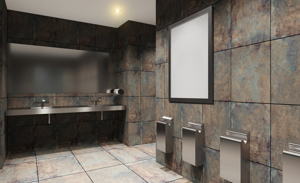 Public toilet in dark colors and rusty tiled walls.. 3D rendering. Mockup.   Empty paintings