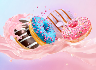 Fresh fruit milk or yogurt 3D splash in motion and sweet donuts with fruit glaze and sprinkles. Label ad design element with yogurt, cream, milk, glazed frosted donuts isolated on colorful background