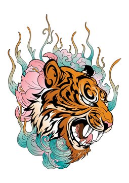 Tiger head in roar with lotus flower decorate with cloud or smoke design with oriental  Japanese color tattoo style vector 