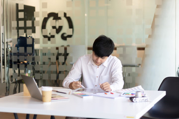 Interior designer, graphic designer, decorator creating project with stylus pen, using drawing apps...