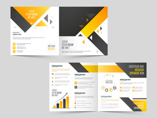 Business Bi-Fold Brochure, Template or Cover Design in Front and Back View.