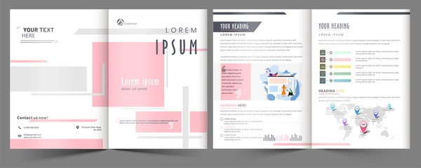 Front and Back View of Business Bi-Fold Brochure, Template or Cover Page Layout with Company Growth Presentation.