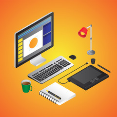 Realistic Designing tools of Computer with Graphic Tablet, Table Lamp, Notebook and Tea Cup on glossy orange background.