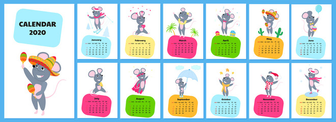 Calendar for 2020 from Sunday to Saturday. Cute rats in different costumes. The symbol of the Chinese New Year. Mouse cartoon character. Funny animal.