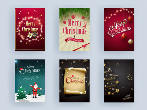 Set of Merry Christmas & Happy New Year Template or Flyer Design Decorated with Santa Claus, Xmas Trees, Baubles, Golden Star and Lighting Garland.