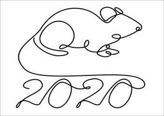 Rat year 2020.One single line drawing. 2020 year sign. Rat continuous line