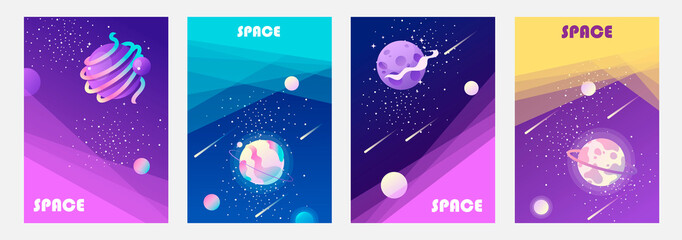 Cosmos, universe and sky. Milky Way. Set of colorful templates for tickets, flyers, banners, posters, covers. Cartoon children’s design. Vector