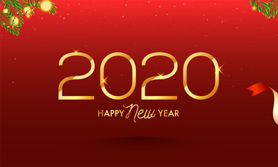 Golden 2020 Happy New Year Text on Red Background Decorated with Pine leaves and Lighting Garland.