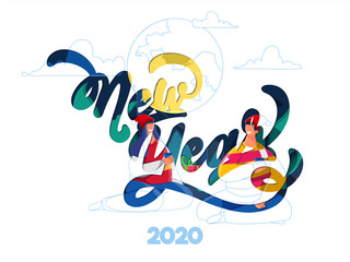 Paper Cut New Year Font with Young Couple Enjoying Drinks on White Background for 2020 Night Party Celebration Concept.