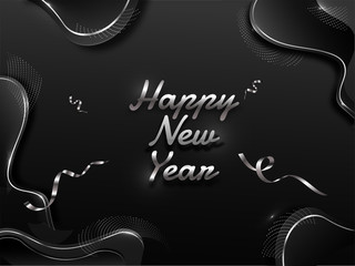 Silver Happy New Year Text with Confetti Ribbon on Black Fluid art Abstract Background.