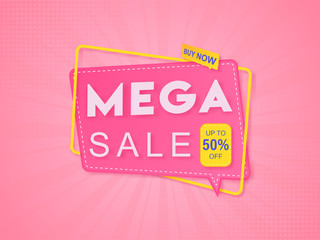 Up To 50% Discount Offer for Mega Sale Sticker or Label on Pink Rays Halftone Effect Background.