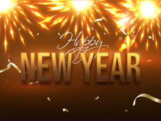 3D Bronze New Year Text on Brown Fireworks Background for Celebration Concept.