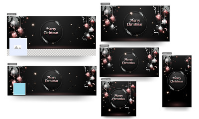 Merry Christmas Header or Banner, Poster and Template Design with Shiny Silver and Bronze Baubles, Stars and Pine Leaves on Black Bokeh Background.