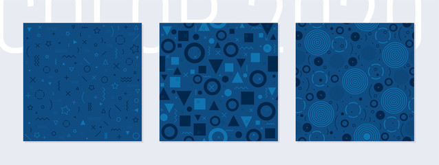 Blue color seamless pattern set. Classic geometric blue background for fabric, wallpaper, wrapping paper, fashion print. Classic design in trendy navy color. 2020 year collection. Vector illustration.