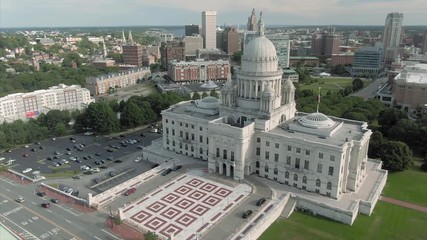 Aerial over the Rhode Island State House Capitol building, Providence, Rhode Island, USA. 27 August 2019