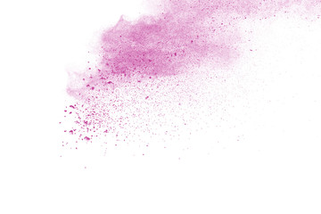 Pink powder explosion on white background. Paint Holi.