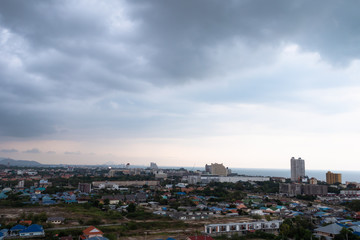 Aerial view scenic landscape of the city with storm cloud rain will coming